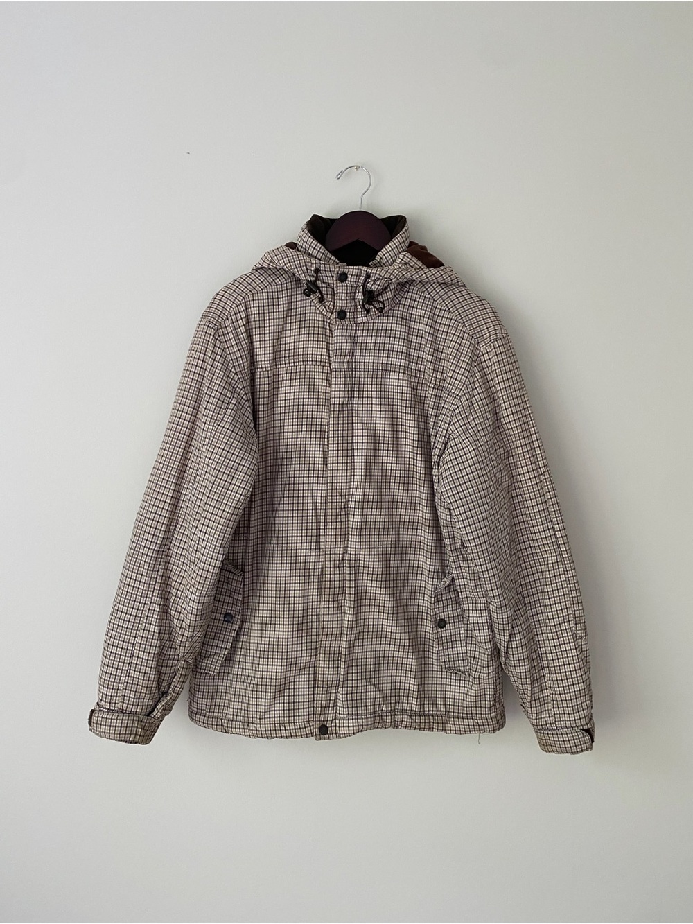 Men's Beige Plaid Hooded Raincoat - Casual Waterproof Jacket